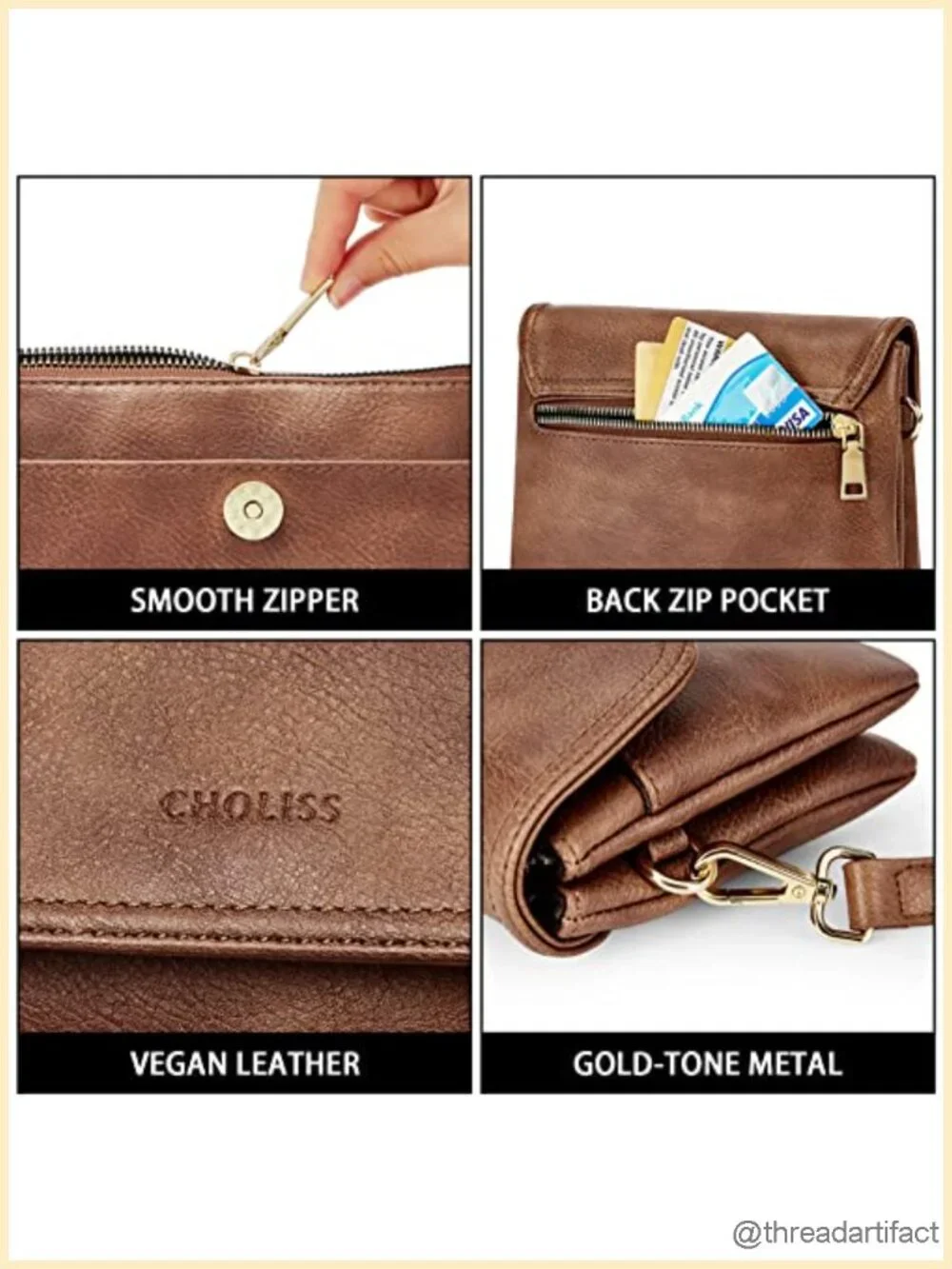 Small Crossbody Bag with Phone Pocket, Vegan Leather, Adjustable Strap